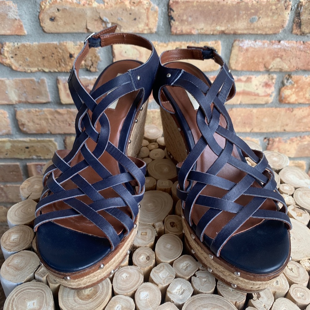 Lauren Ralph Lauren Women’s Blue Wedge Espadrille Sandals Size 10 Leather upper
